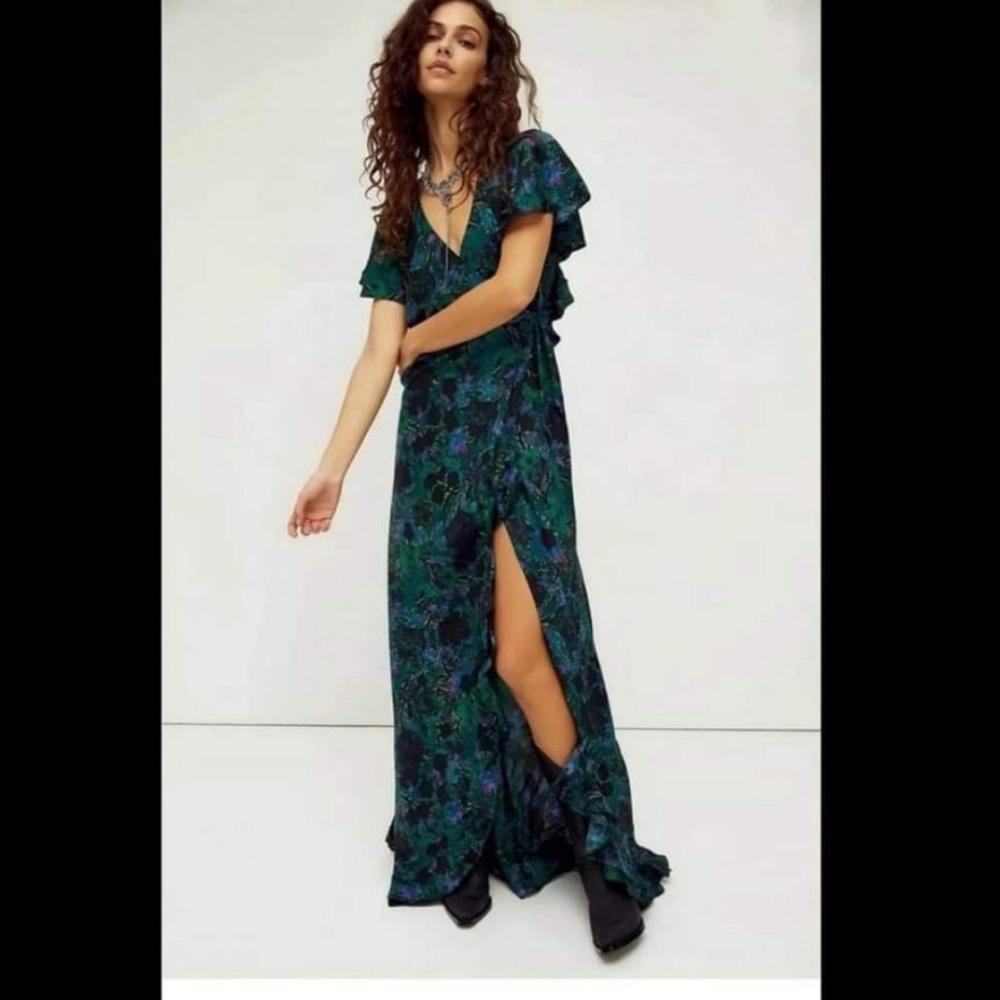 Free People Josephine Maxi Wrap Dress Green Floral Medium 100% Silk $350
